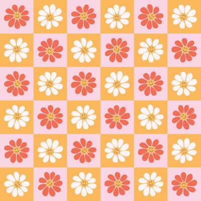 Retro daisy seamless pattern. Vintage checkerboard floral background. Cool funky smiling flowers. Hand drawn naive art illustration.