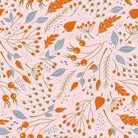 Autumn park seamless pattern. Abstract plant background with falling leaves, berries and tree branches. Doodle style illustration of fairy forest. vector