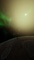 a large cluster of asteroids near an unknown planet, vertical video