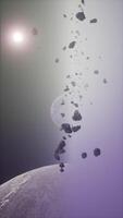 a large cluster of asteroids near an unknown planet, vertical video