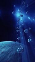 un grande racimo de asteroides cerca un desconocido planeta, vertical video