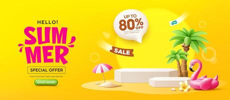Summer podium display, Pink flamingo inflatable swimming pool, coconut trees, pile of sand, beach umbrella, banner design, on sand beach yellow background vector