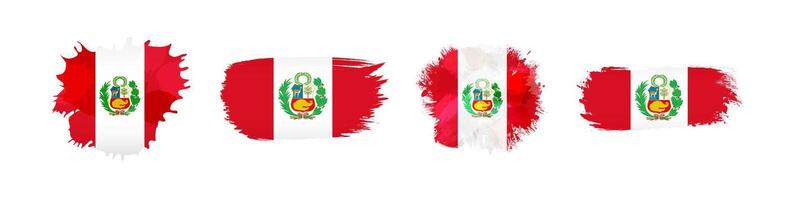 Set of Peruvian creative flags. Brushing stroke icons with flag of Peru background and abstract clipping mask. Travel symbol. Gift logo. T shirt or souvenir graphic. Grunge art style. Holiday emblem. vector