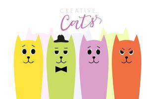 Cute greeting card with creative cartoon cats. Set of cat emoticons. Colorful concept. Party invitation template. Editable design with clipping mask. Social network or blogging banner for all fans. vector