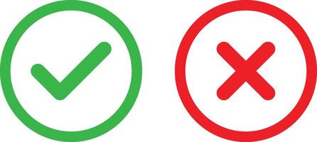 Correct and wrong icon set in green and red colors . Tick and cross icons . illustration vector