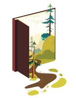Open book with nature illustration in it. Fantasy picture book, storytelling vector