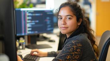 Female programmer at work, woman coding and sitting in front of a monitor at a computer photo