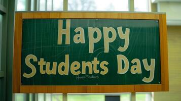 Happy Students Day yellow text on green school board in classroom photo
