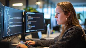 Female programmer at work, woman coding and sitting in front of a monitor at a computer photo