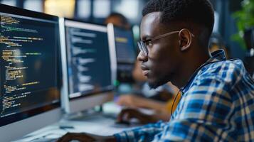 Male programmer at work, man coding and sitting in front of a monitor at a computer photo