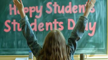 School students solves equation at a desk at notebooks with pen in hand on a Student Day photo