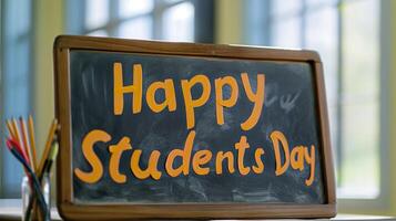 Happy Students Day yellow text on green school board in classroom photo