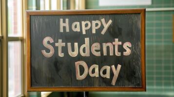 Happy Students Day yellow text on green school board in classroom photo
