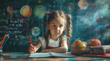 School students solves equation at a desk at notebooks with pen in hand on a Student Day photo