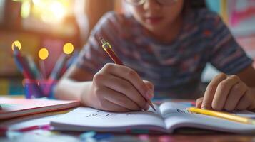 School students solves equation at a desk at notebooks with pen in hand on a Student Day photo