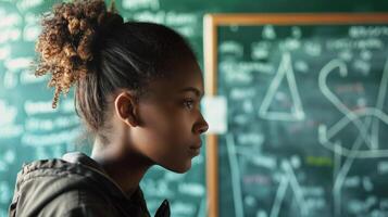School students solves equation on a class board on a Student Day photo