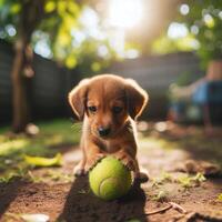 The puppy playing a ball photo