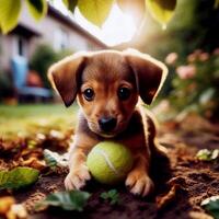The puppy playing a ball photo