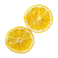 Two halves of a sliced lemon presented side by side on a black background, emphasizing their bright, juicy texture. png