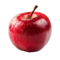 Close-up image of a vibrant red apple with water droplets, isolated on a black background, showcasing freshness and health. png