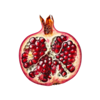 A vivid close-up of a half-cut pomegranate showing its juicy red seeds and intricate internal structure on a black background. png