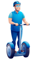 Man in blue riding a scooter with helmet and glasses, smiling and enjoying a ride png