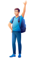 Young man with a small backpack on one shoulder, smiling and waving with one hand raised. He is dressed casually in a blue shirt and jeans png