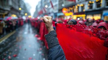 Close-up of a raised fist, against the background of a demonstration or rally, symbolizing the struggle for freedom and justice, against the blurred background of a protesting crowd. photo
