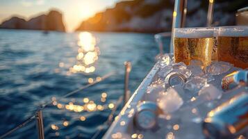 Container filled with ice, with white aluminum cans of drink inside, without labels, on the deck of a yacht with the sea in the background photo