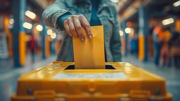 A close-up of a woman's hand in a denim jacket dropping her ballot into a secure ballot box, capturing the moment of counting duty and participation in the democratic process photo