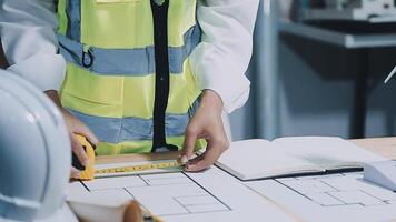 Architect working on blueprint.engineer inspective in workplace - architectural project, blueprints,ruler,calculator,laptop and divider compass. Construction concept. Engineering tools, video