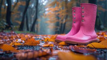 A pair of pink rain boots on a leaf-covered path in a misty autumn forest, with water droplets on them. photo