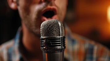 A man speaks or sings into a microphone.close-up of the face.The concept of speeches, lectures and rallies. photo