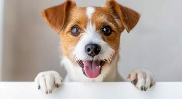 Happy Dog Peeking Over White Surface photo