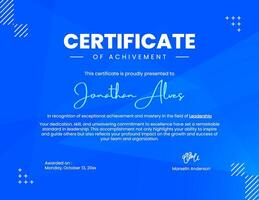 Blue modern certificate of achievement template