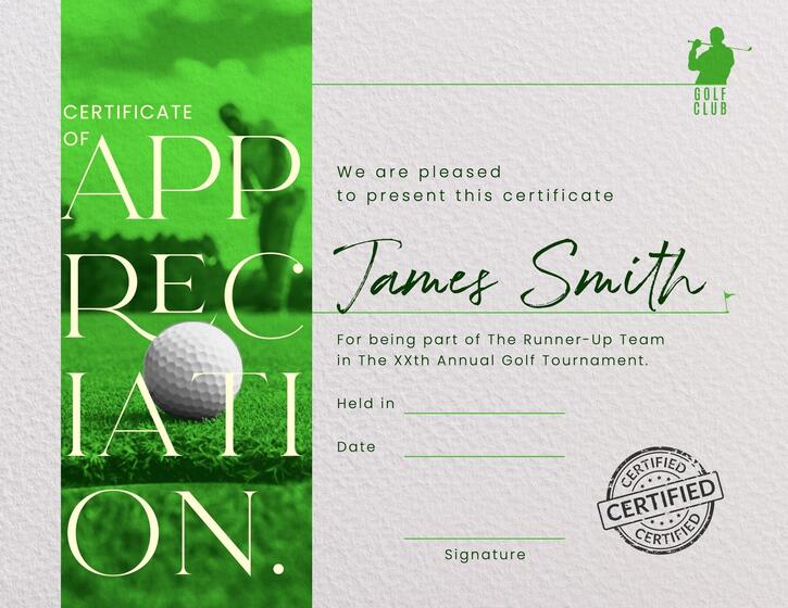 Golf Tournament Certificate of Appreciation Template