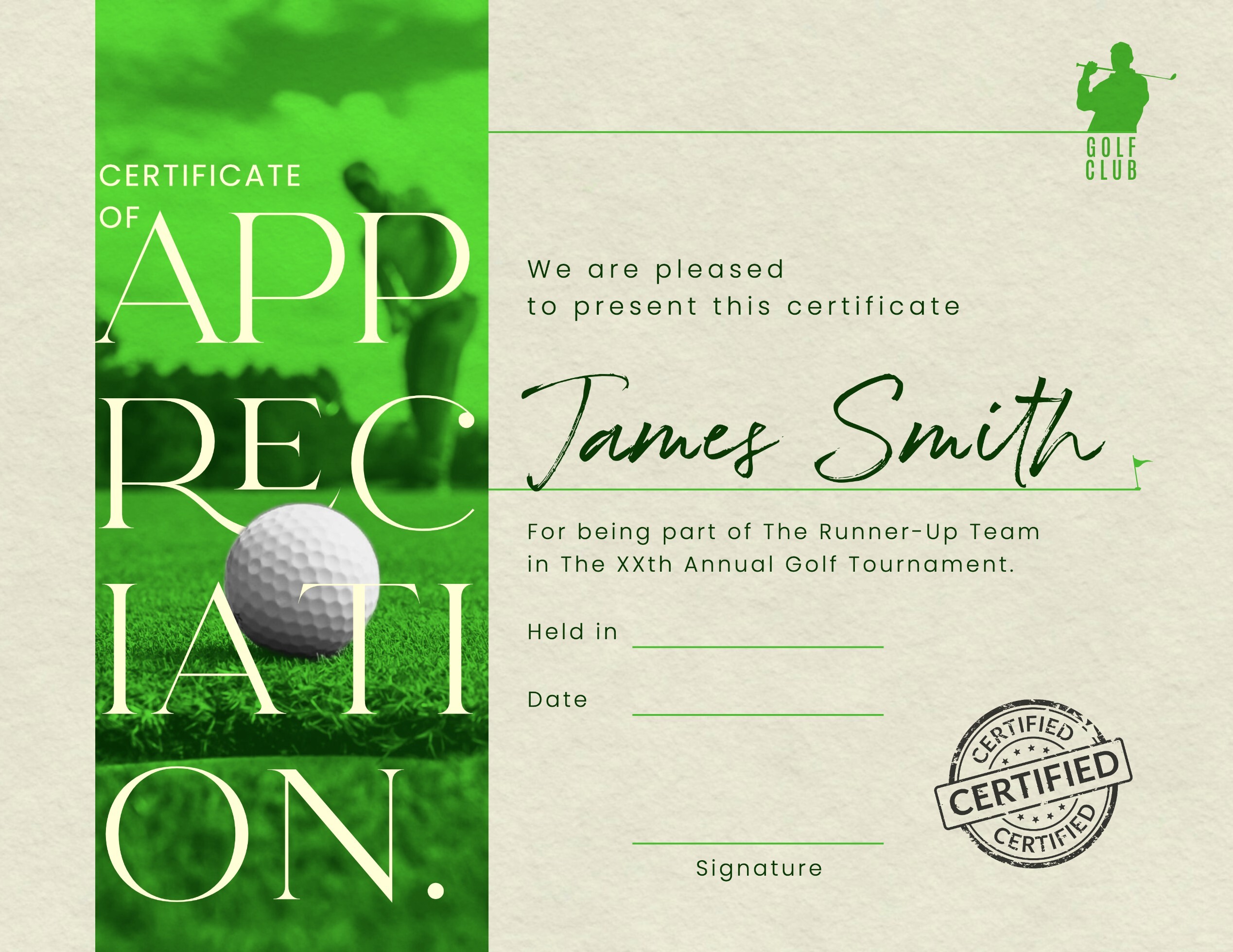 Golf Tournament Certificate of Appreciation Template