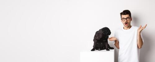 Image of funny black pug looking at his confused owner, man shrugging puzzled, standing over white background photo