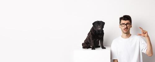 Image of puzzled young man sitting near cute black pug, showing small size and frowning disappointed, white background photo
