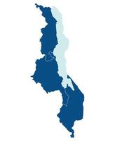 Malawi map. Map of Malawi in administrative provinces in blue color with Malawi lake vector