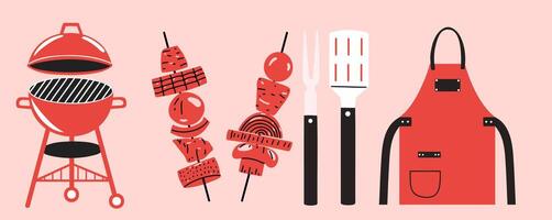 Barbecue set with charcoal grill, kebab, cooking tools and apron. vector