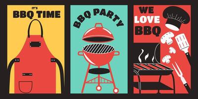 Set of vertical posters with BBQ party. Template design with Barbecue different flyer. vector