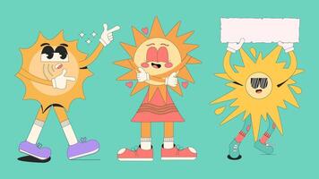 Cartoon characters in retro groove style. Set of funny suns in different poses. illustration. vector
