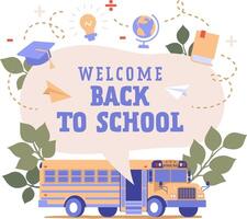 Back to school square banner template with bus. vector