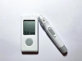 Measurement of blood sugar levels using a glucose meter with a mock-up. Piercing a finger to draw blood photo