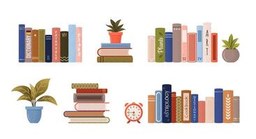 isolated stack and piles of various books. World book day. set of educational books, plants, alarm clock. Grainy illustrations on white background for book festival, store, book fair. vector