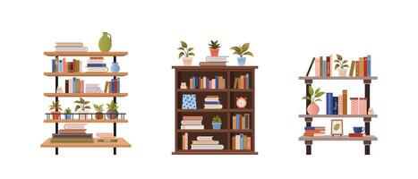 Various bookcases, book cabinets, shelves with stacks of educational books, plants and objects. isolated flat illustrations for book store, World Book Day, book fair designs. vector