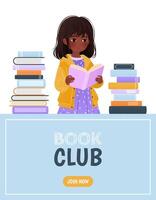 Vertical banner or landing page template for a library, book club, bookstore app with a girl and a pile of books. A cartoon illustration of a little kid. An e-library, an e-book concept illustration. vector