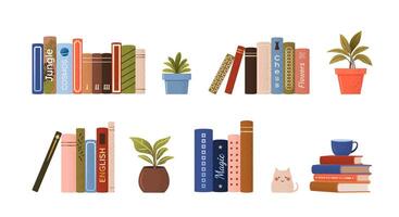 isolated stack and piles of various books. World book day. set of educational books, plants, statue of a cat. Grainy illustrations on white background for book festival, store, book fair. vector