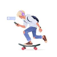 Student in headphones riding a skateboard and using his smartphone. Male character is holding a mobile phone in his hand and listening voice messages. isolated illustration on white background. vector